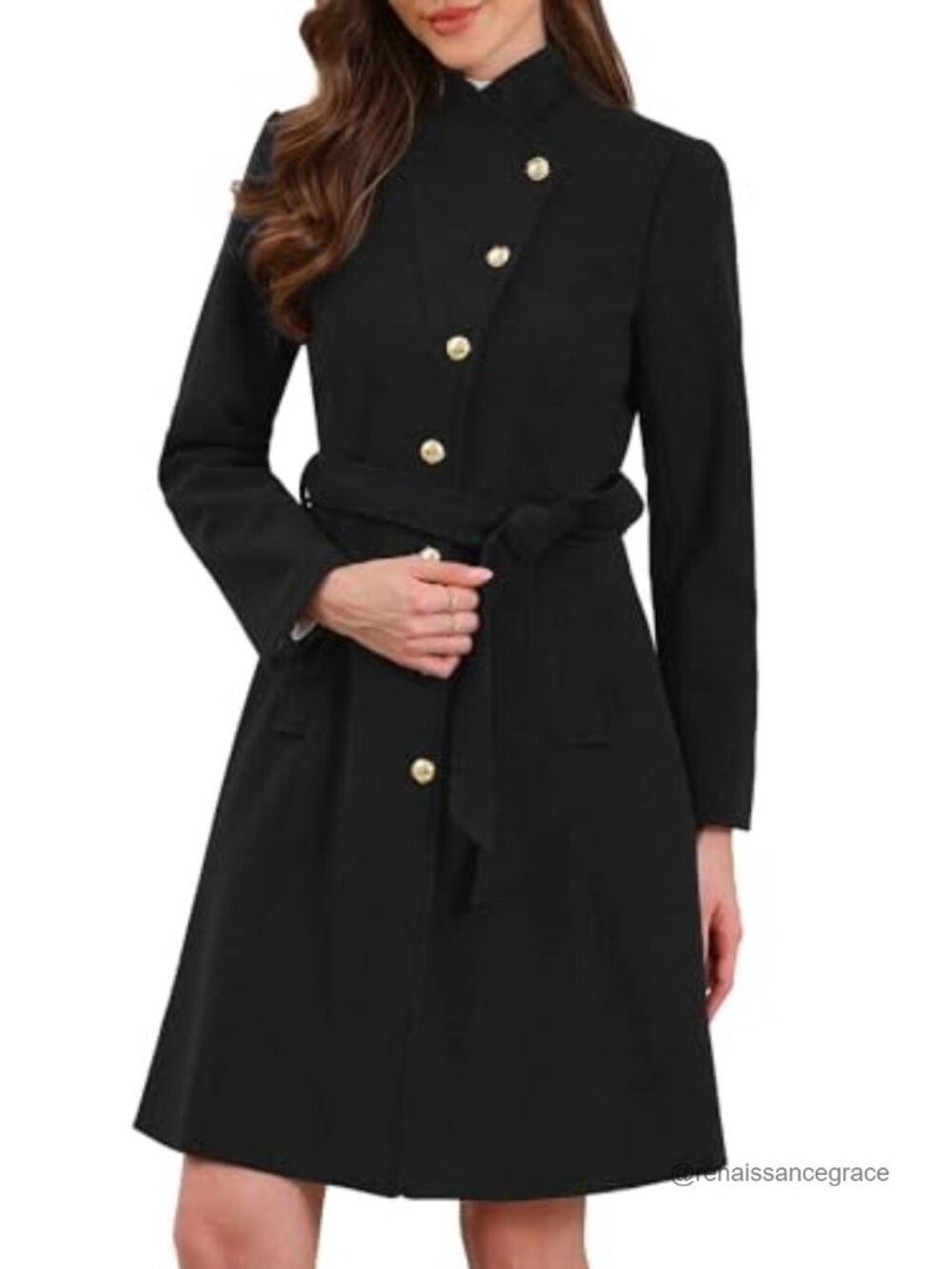 Allegra K Womens Pea Coat Long Winter Belted Trench Coat Stand Collar